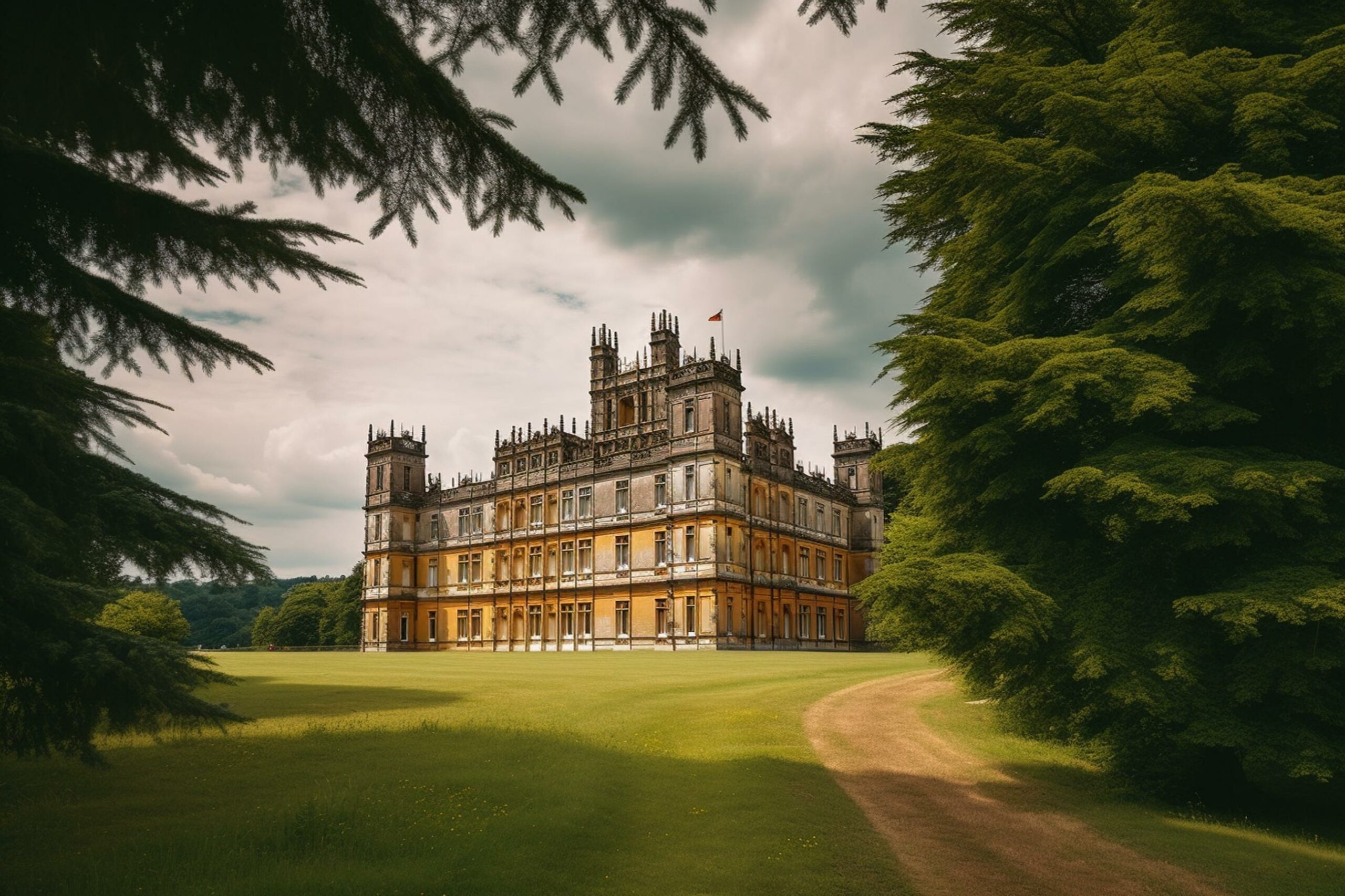 Highclere Castle, Jacobethan house in Newbury, England. Home of Earl & Countess Carnarvon. Downton Abbey setting. May 27, 2018. Generative AI